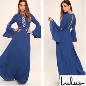 Nwt Lulus Now is the Time Blue Long Bell Sleeve Maxi Dress